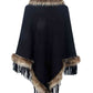 Country Rustic One Size Faux Fur Trim Fringed Poncho