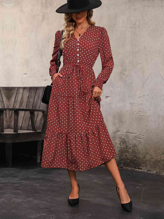 Wine Red Printed Tiered V-Neck Buttoned Midi Dress