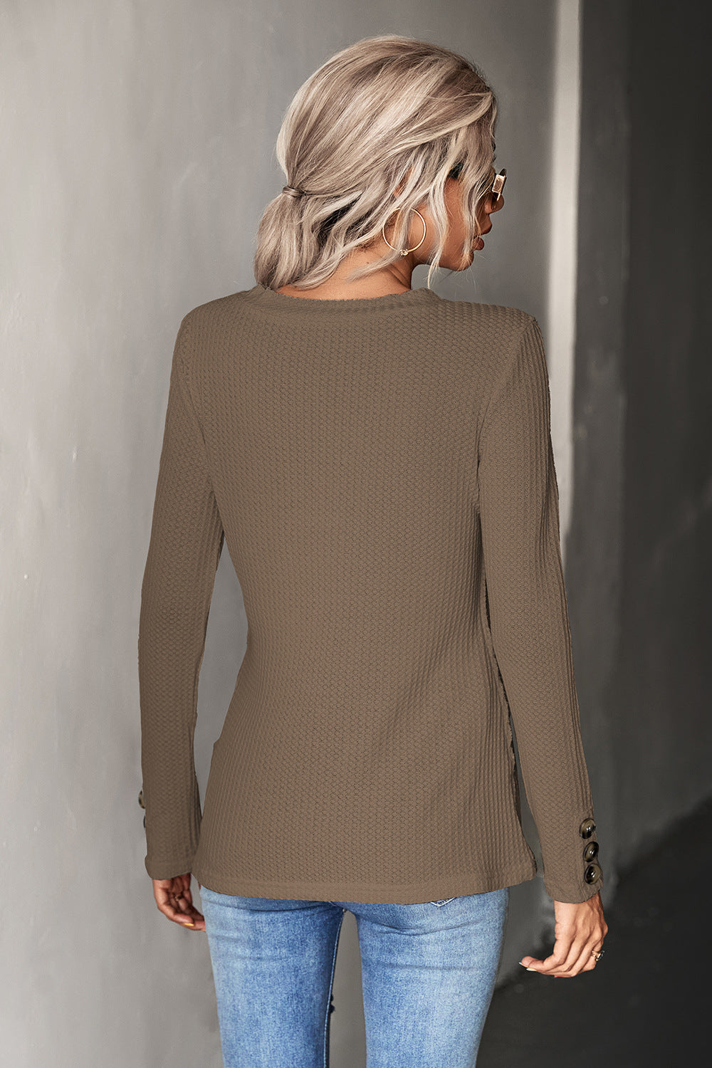 AuroraBlissX Waffle-Knit Button Detail V-Neck Top