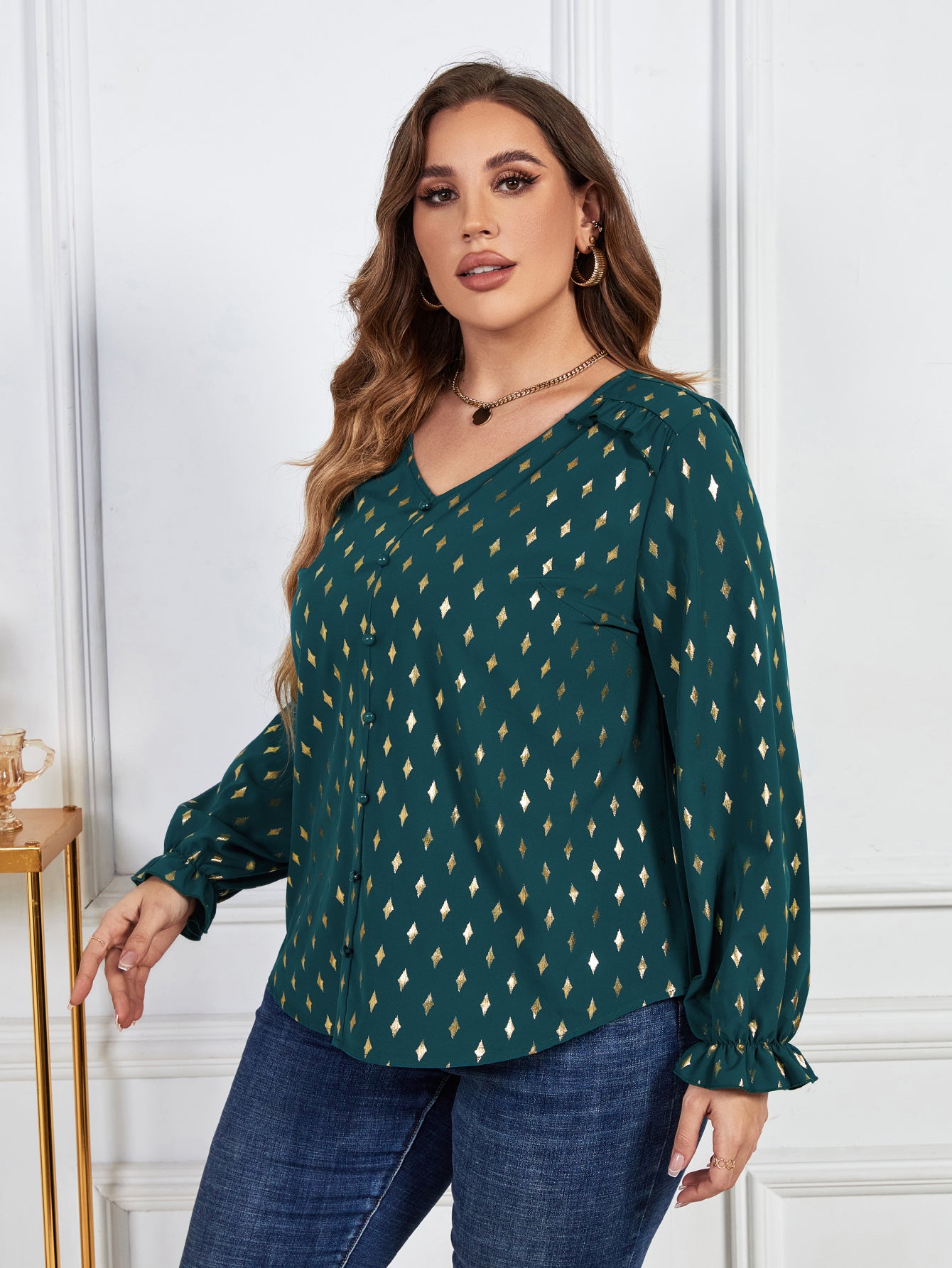 Beauteous Plus Size Printed Frill Trim Flounce Sleeve Blouse