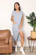 Double Take Light Gray Short Sleeve Front Slit Hooded Dress *