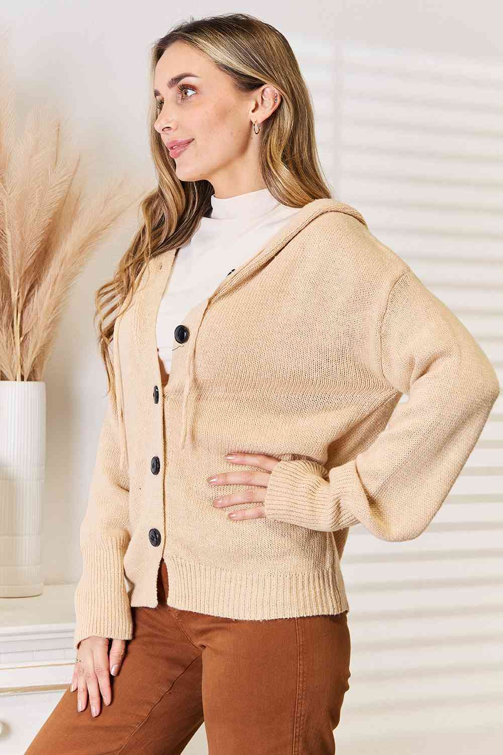 Woven Right Button-Down Long Sleeve Hooded Sweater *