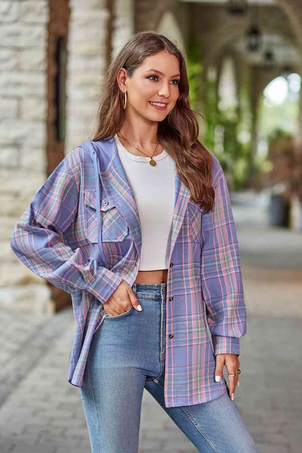 Full Size Plaid Long Sleeve Hooded Jacket