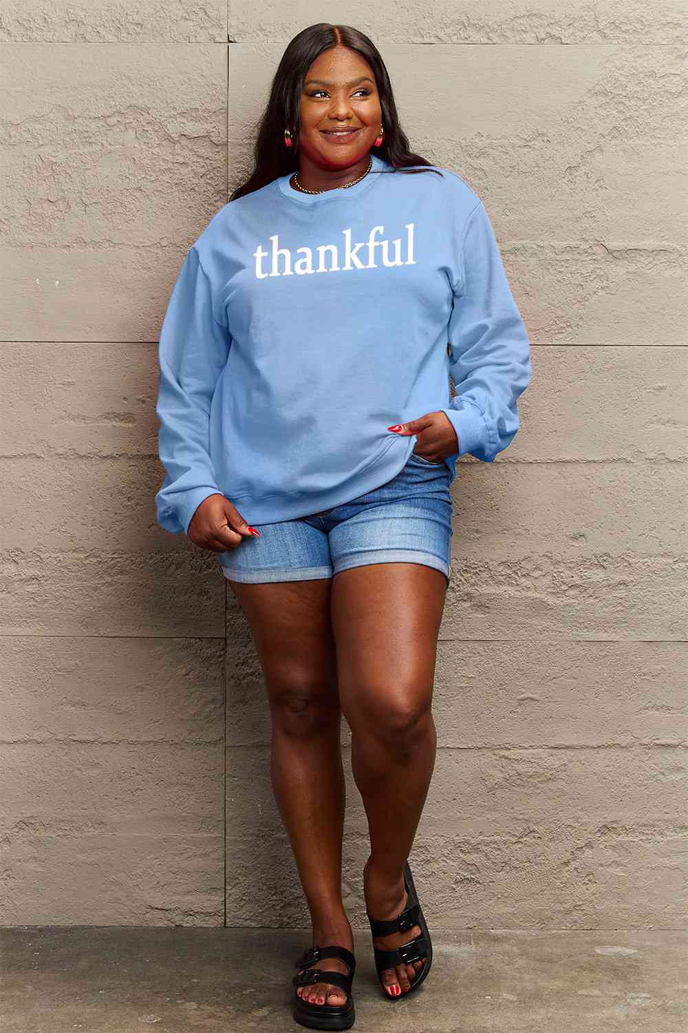 Simply Love Full Size Thanksgiving THANKFUL Graphic Sweatshirt