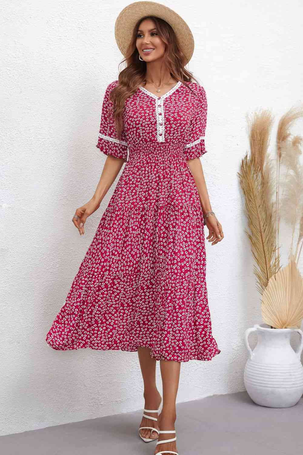 Floral V-Neck Smocked Waist Midi Dress