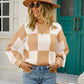 Checkered Round Neck Dropped Shoulder Sweater