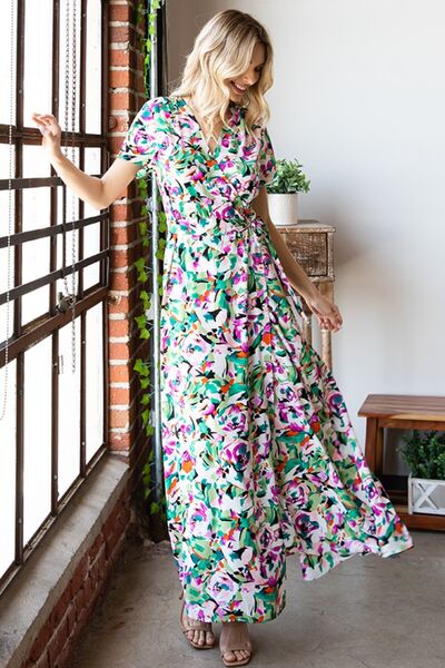 First Love Slit Printed Surplice Tie Waist Short Sleeve Dress *