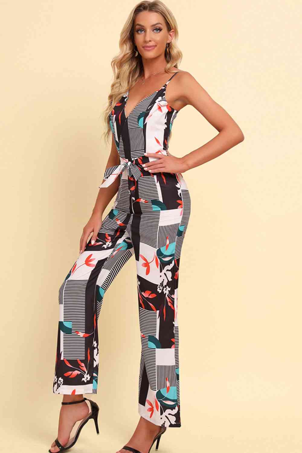 White Printed Spaghetti Strap Tied Jumpsuit