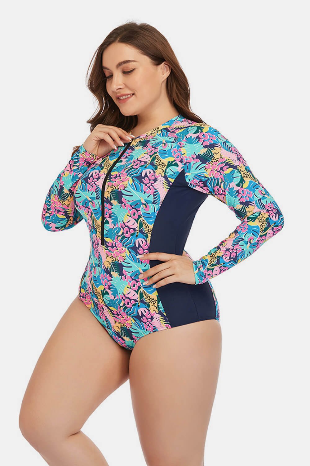 Plus Size Floral Zip Up One-Piece Swimsuit