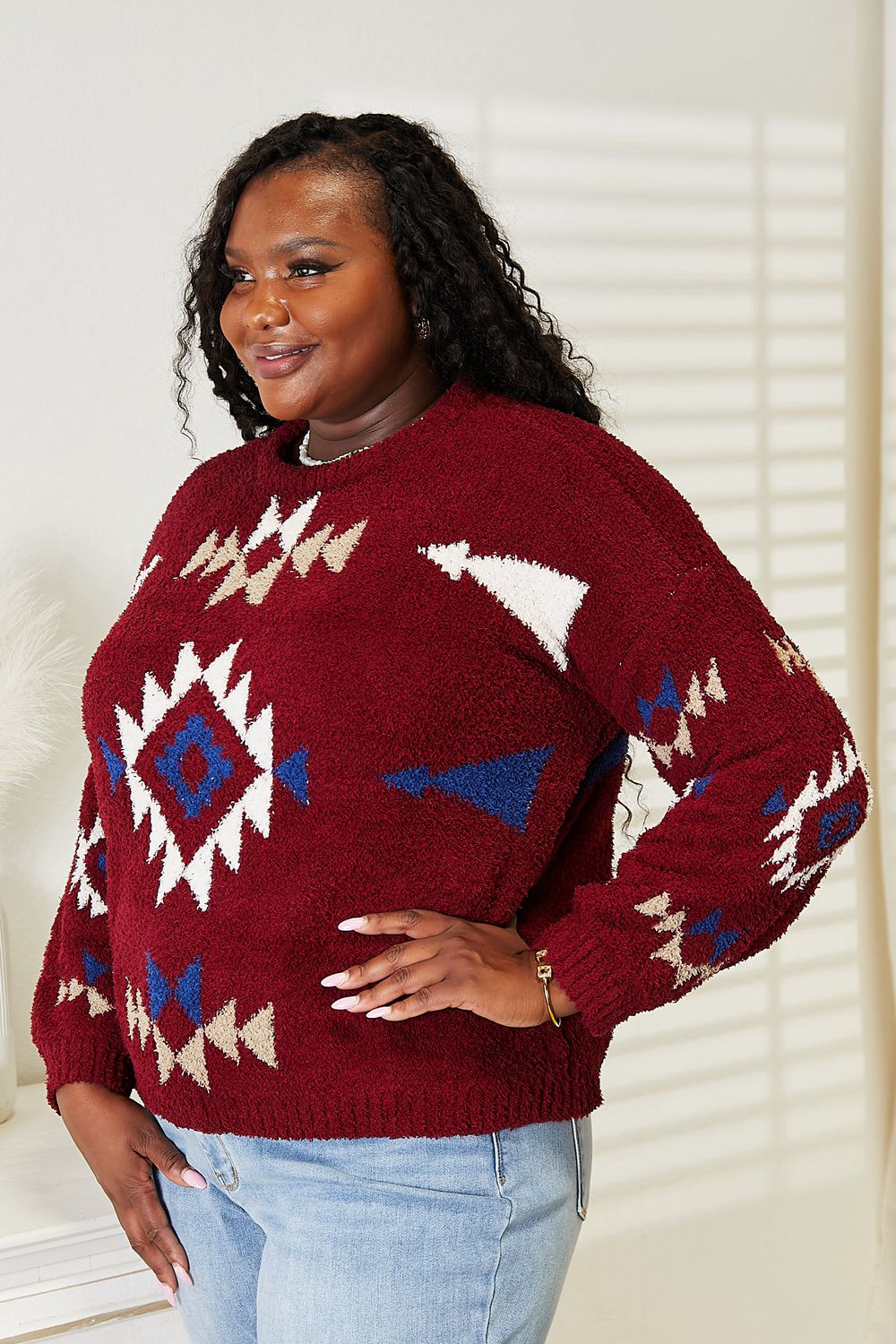 HEYSON Wine Full Size Aztec Soft Fuzzy Sweater