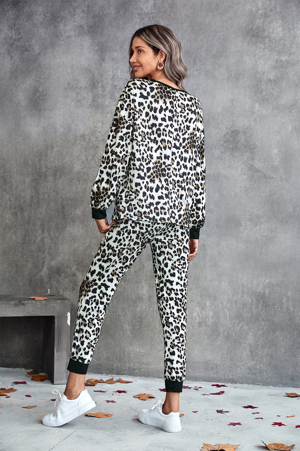 Leopard V-Neck Dropped Shoulder Loungewear Set