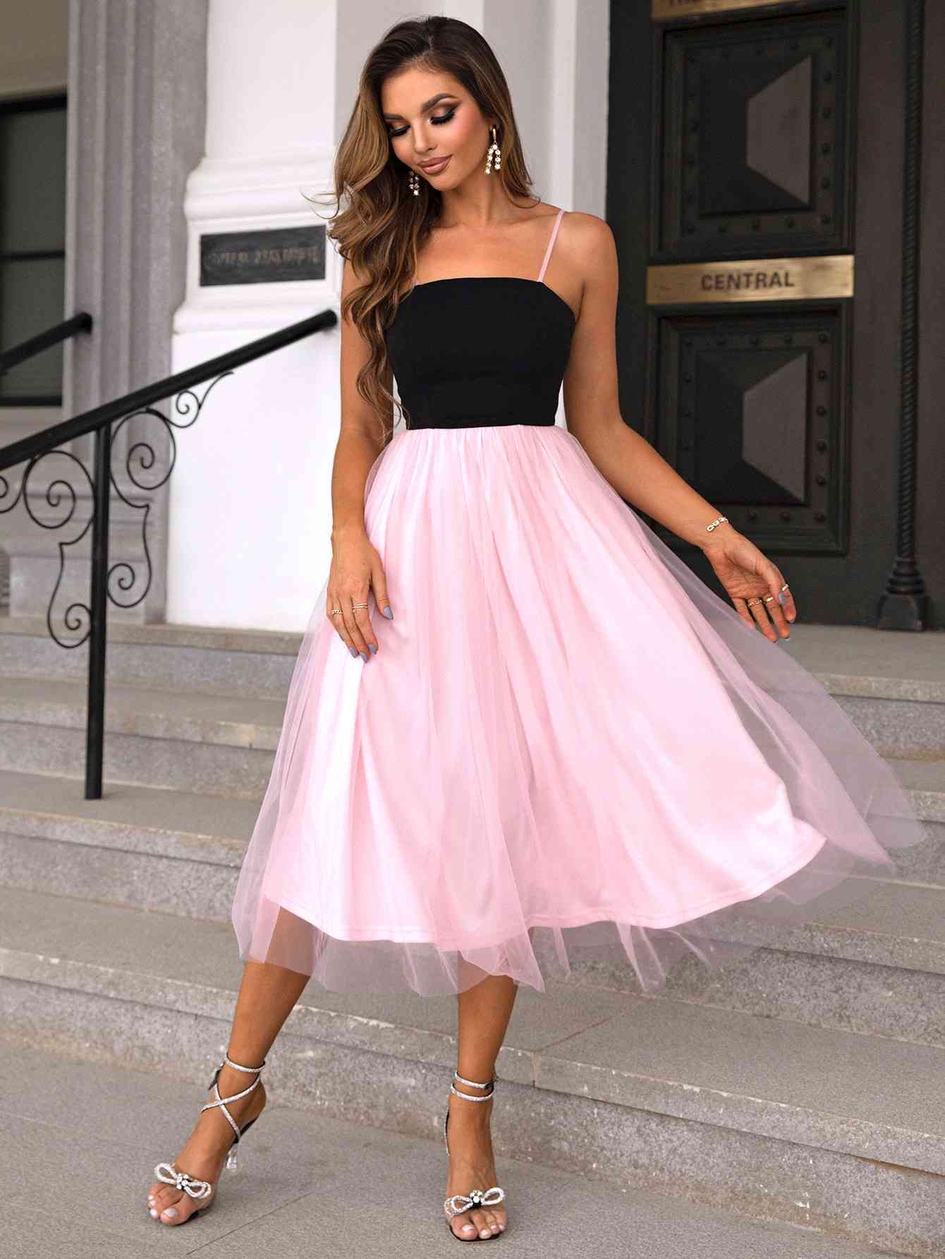 Pink-Black Two-Tone Spaghetti Strap Mesh Dress