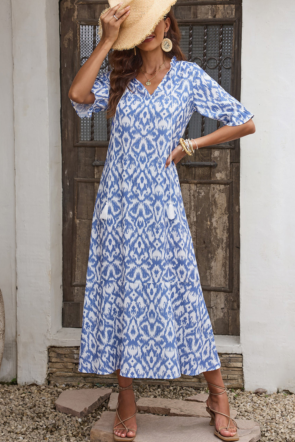 BAYSIDE Printed Tassel Tie Flounce Sleeve Dress