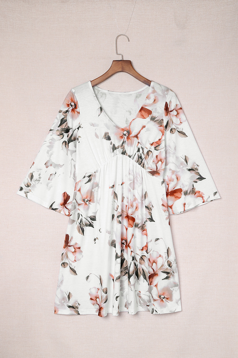 Women's Floral V-Neck Three-Quarter Sleeve Mini Dress