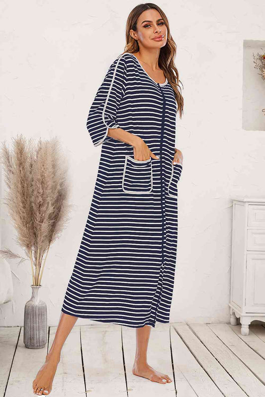 Full Size Round Neck Three-Quarter Sleeve Midi Night Dress