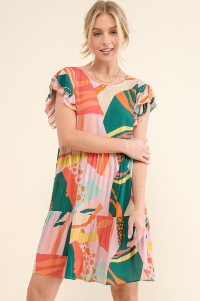 And The Why Printed Double Ruffle Sleeve Dress *