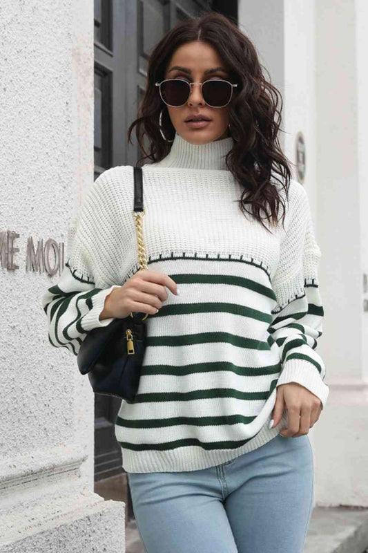 KnittedEmporium Striped Turtleneck Drop Shoulder Sweater