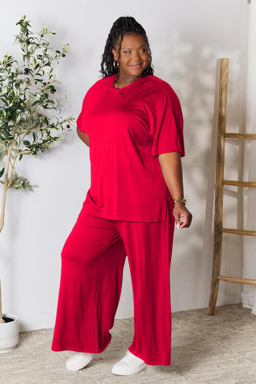 Double Take Full Size Round Neck Slit Top and Pants Set *