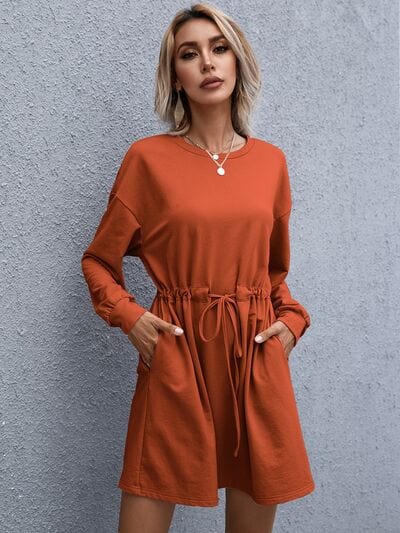 Drawstring Round Neck Dropped Shoulder Mini Dress