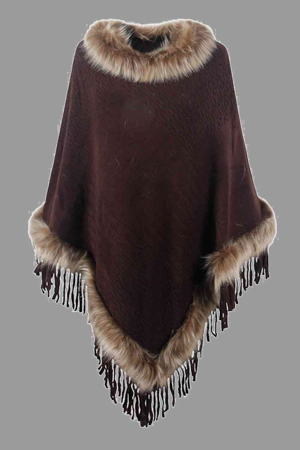 Country Rustic One Size Faux Fur Trim Fringed Poncho