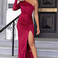 One Shoulder Ruched Slit Deep Red Maxi Dress
