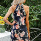 Women's Floral Navy Blue Tied Sleeveless Grecian Neck Mini Dress