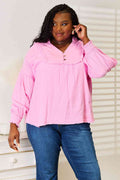 Double Take Exposed Seam Buttoned Notched Neck Blouse *