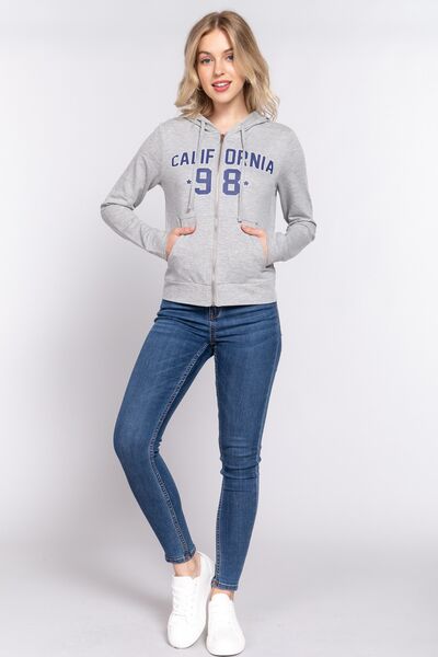 ACTIVE BASIC CALIFORNIA Zip Up Drawstring Long Sleeve Hoodie *