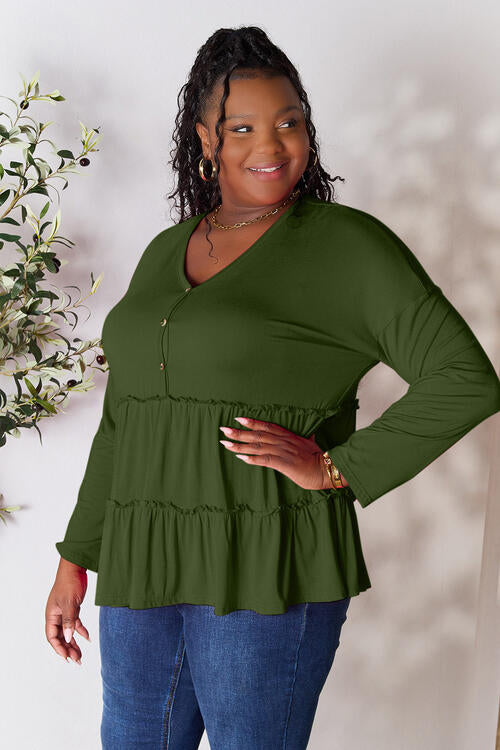 Double Take Half Button Long Sleeve Ruffle Hem Blouse *