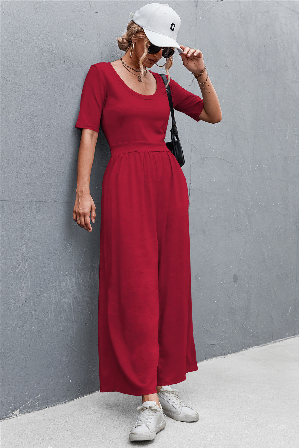 Women's Scoop Neck Half Sleeve Wide Leg Jumpsuit