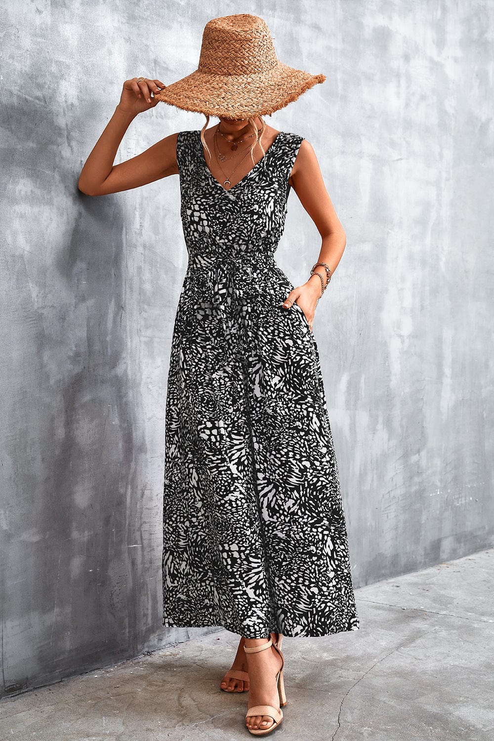 Full Size Printed V-Neck Tie Waist Maxi Dress