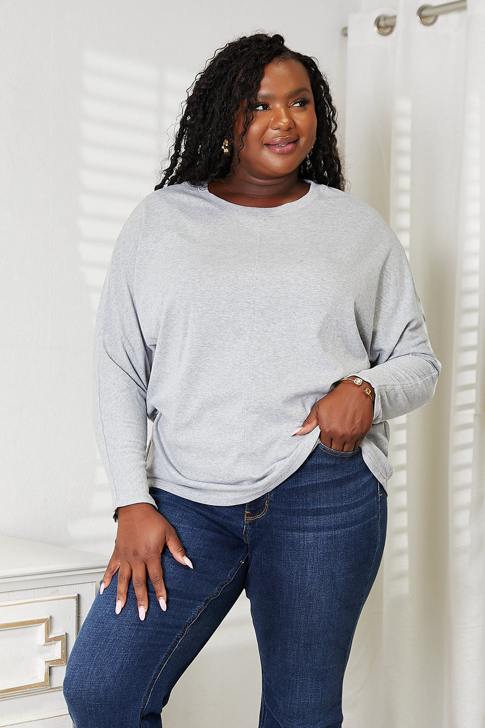 Double Take Light Gray Full Size Seam Detail Round Neck Long Sleeve Top *
