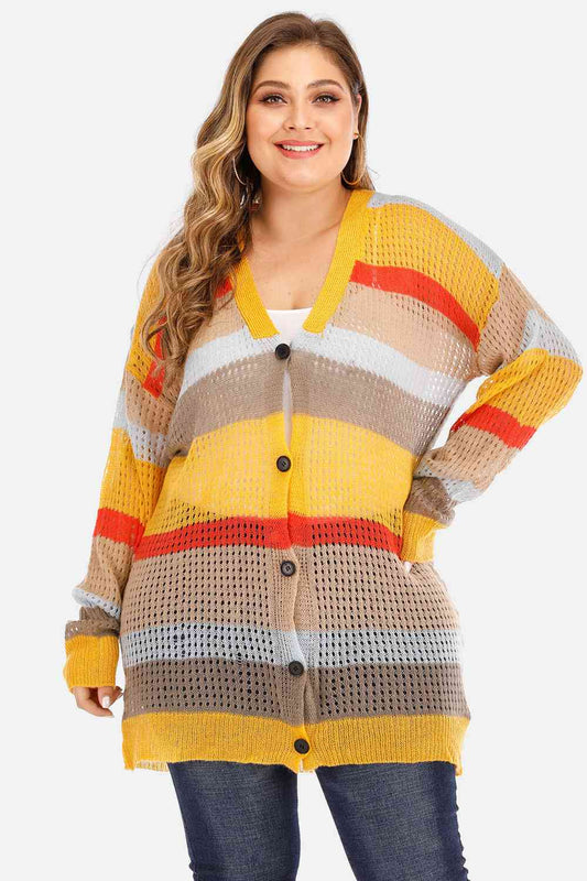 Sherbet Plus Openwork Color Block Button Up Cardigan