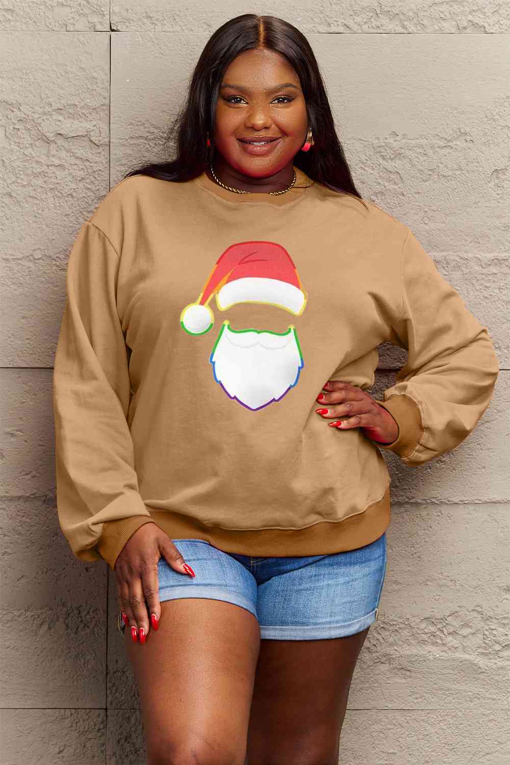 Simply Love Full Size Rainbow Christmas Santa Graphic Round Neck Sweatshirt