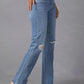 Distressed Raw Hem Straight Jeans with Pockets
