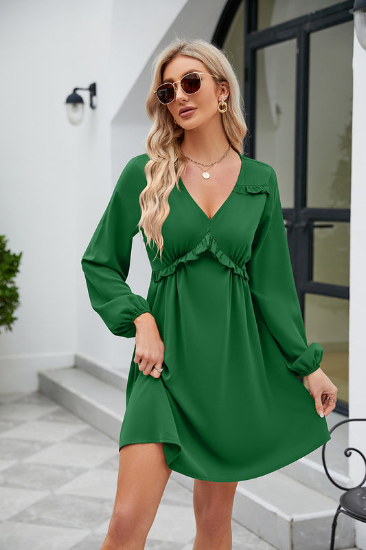 SO YOU Full Size Frill Trim V-Neck Long Sleeve Dress