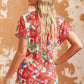 Printed Notched Short Sleeve Blouse
