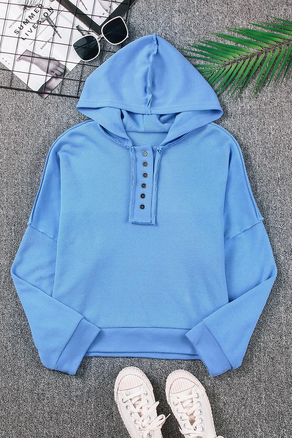 Malibu Dreams Quarter-Button Exposed Seam Dropped Shoulder Hoodie