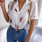 Feather Print Lapel Collar Puff Sleeve Shirt