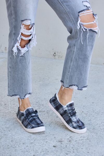 Forever Link Black Plaid Plush Flat Sneakers