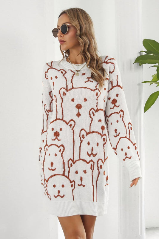 Athena Rea Bear Pattern Round Neck Sweater Dress