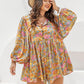 Plus Size Floral Tie Neck Balloon Sleeve Romper