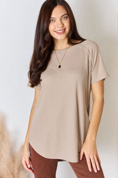 Zenana Baby Waffle Light Mocha Short Sleeve Slit High-Low T-Shirt - Brand Zenana