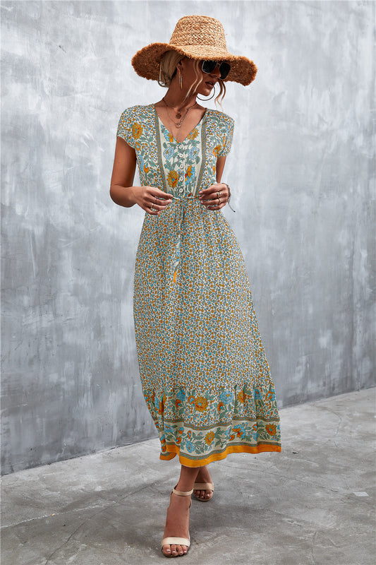 Full Size V-Neck Short Sleeve Printed Maxi Dress