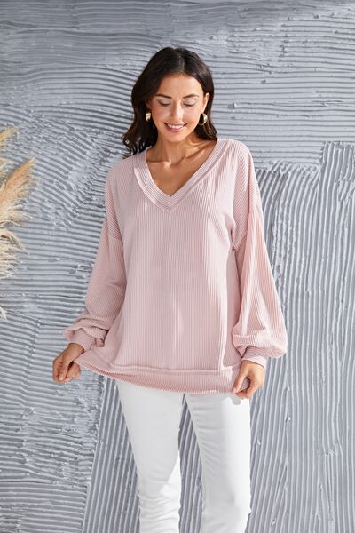 Women's Jasira Dusty Pink V-Neck Drop Shoulder Lantern Sleeve Blouse