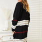 Double Take Striped Rib-Knit Drop Shoulder Open Front Black Cardigan