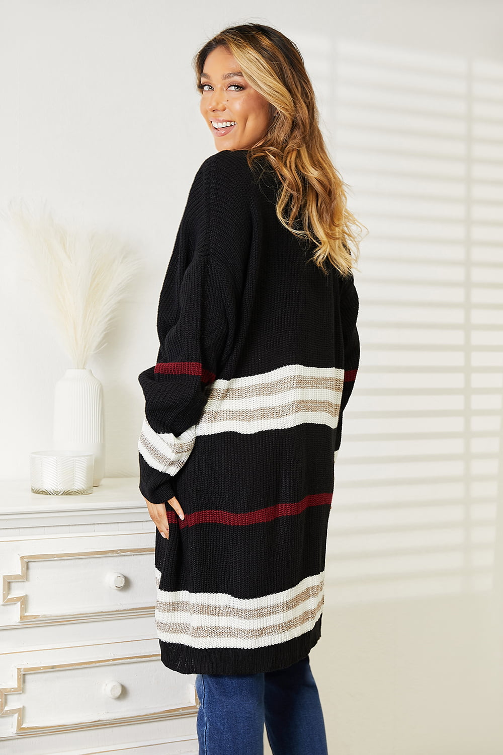 Double Take Striped Rib-Knit Drop Shoulder Open Front Black Cardigan *