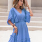 Tassel Trim Smocked V-Neck Short Sleeve Dress