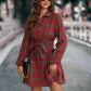 Plaid Tie Front Collared Neck Long Sleeve Dress