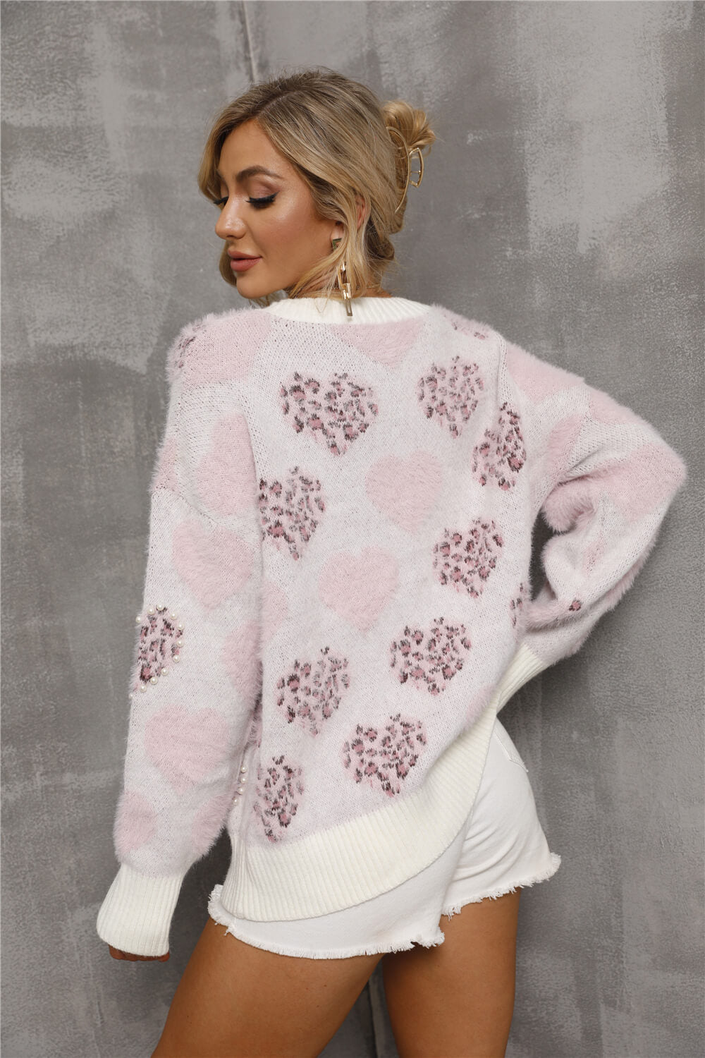 Women's Heart Print Pearl Detail Fuzzy Sweater